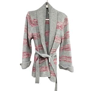 70s Women's Striped Cardigan Sweater Medium Space Dye Red Gray Belted Bel Sleeve